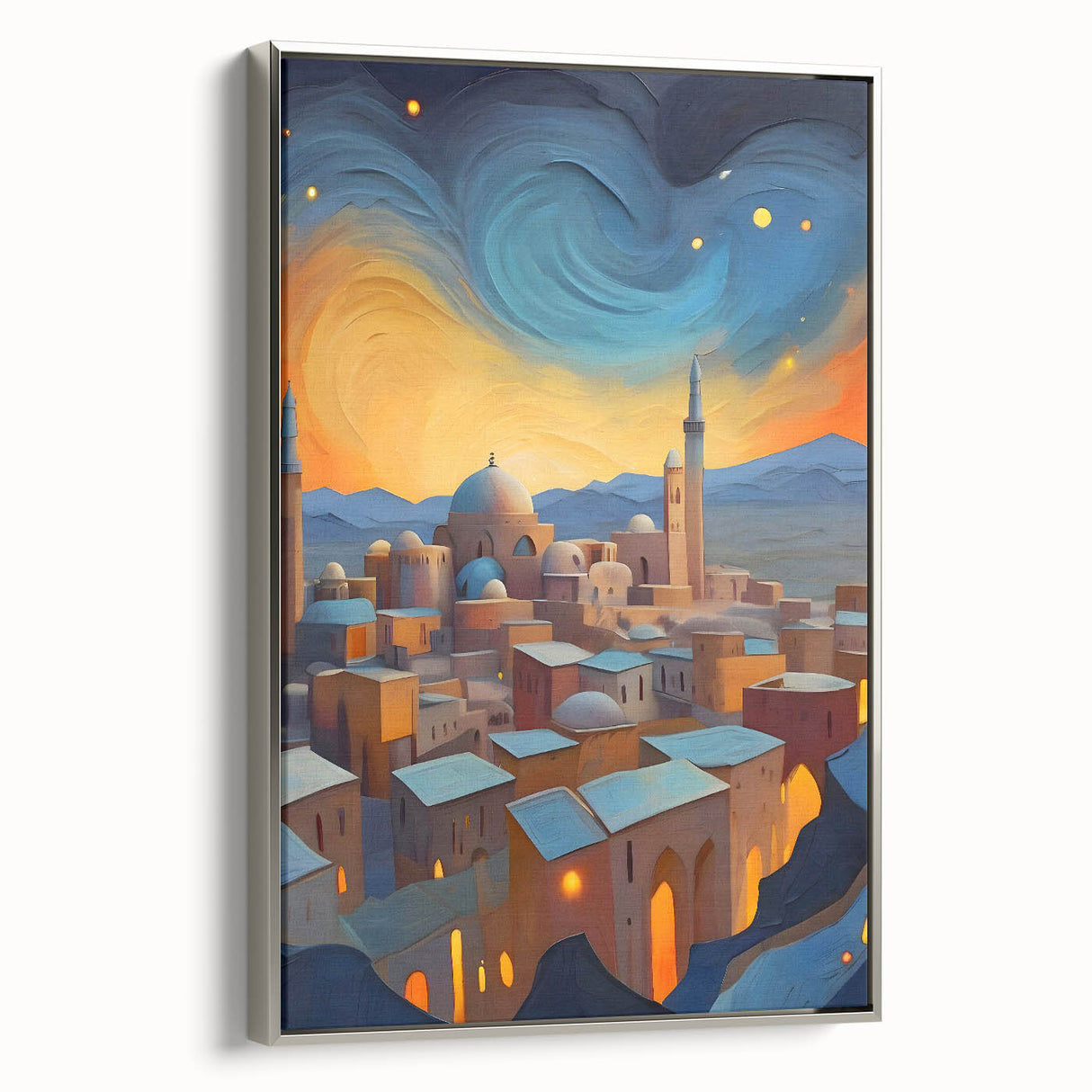 Framed canvas featuring a vintage-style landscape painting of a Middle Eastern scene.
