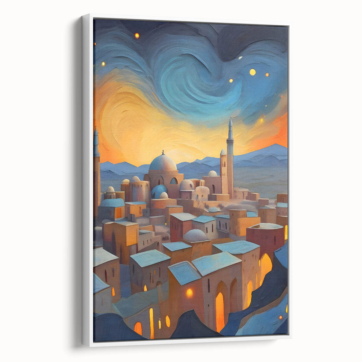 Vintage poster art featuring a vibrant, colorful Middle Eastern landscape on a large framed canvas.