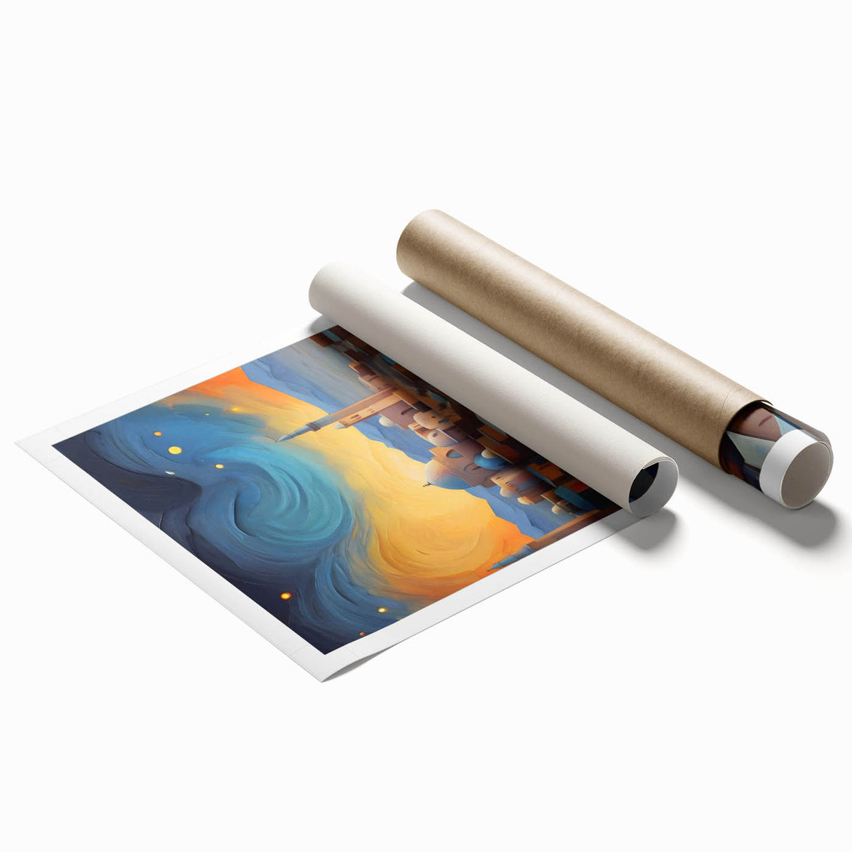 Extra large rolled print depicting a serene Middle Eastern landscape with soft floral elements.