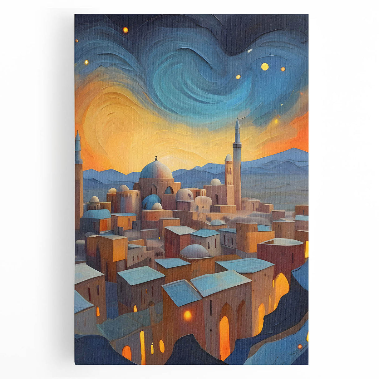 Black and white stretched canvas of a Middle Eastern landscape, ideal for kitchen wall art.