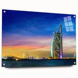 Acrylic print of Dubai skyline in muted earth tones, ideal for dining room decor.