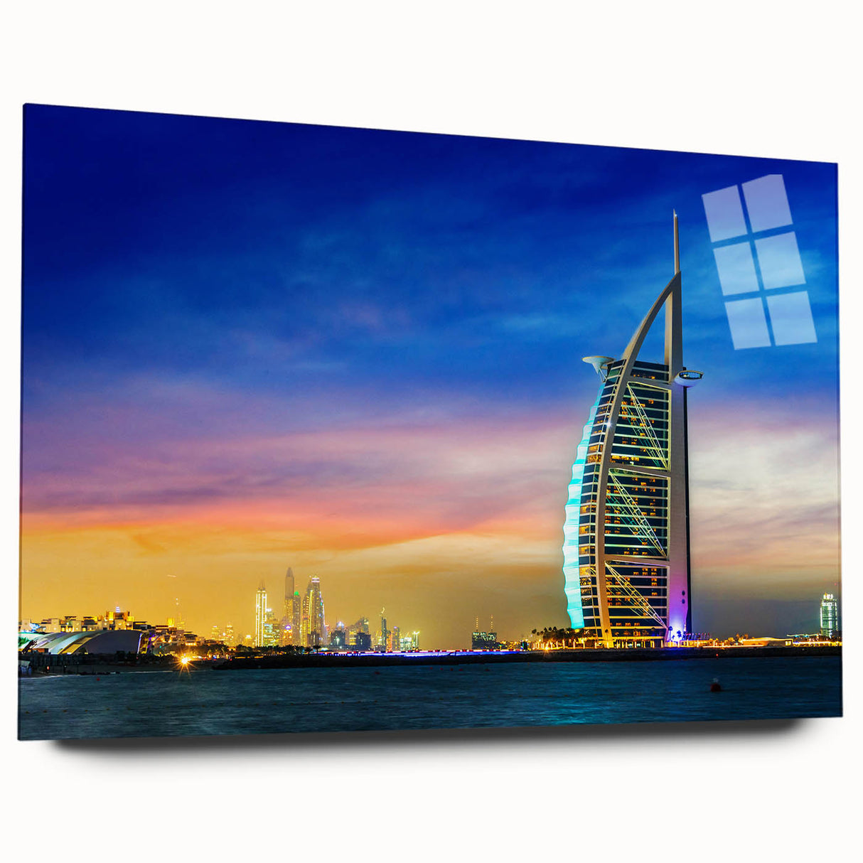 Large abstract depiction of Dubai skyline in muted blue and gray on acrylic glass, suitable for bedroom or dining room decor.