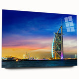 Large abstract depiction of Dubai skyline in muted blue and gray on acrylic glass, suitable for bedroom or dining room decor.