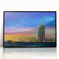 Large abstract wall art of Dubai skyline in muted gray tones on a framed acrylic, suitable for modern living room decor.