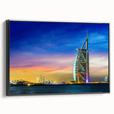 Black and white wall art featuring a vintage poster-style landscape of Dubai on framed canvas, suitable for bedroom decor.