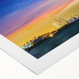 Art Deco poster of Dubai skyline in muted gold and blue tones on rolled canvas, suitable for dining room decor.