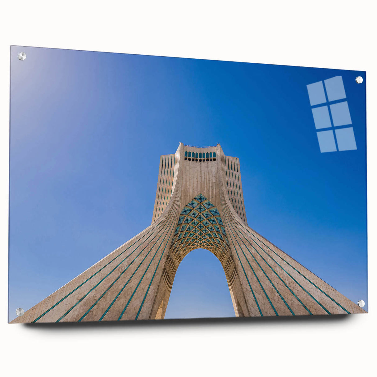 Large abstract wall art of a Middle Eastern scenery in vibrant earth tones on acrylic glass, ideal for dining room decor.