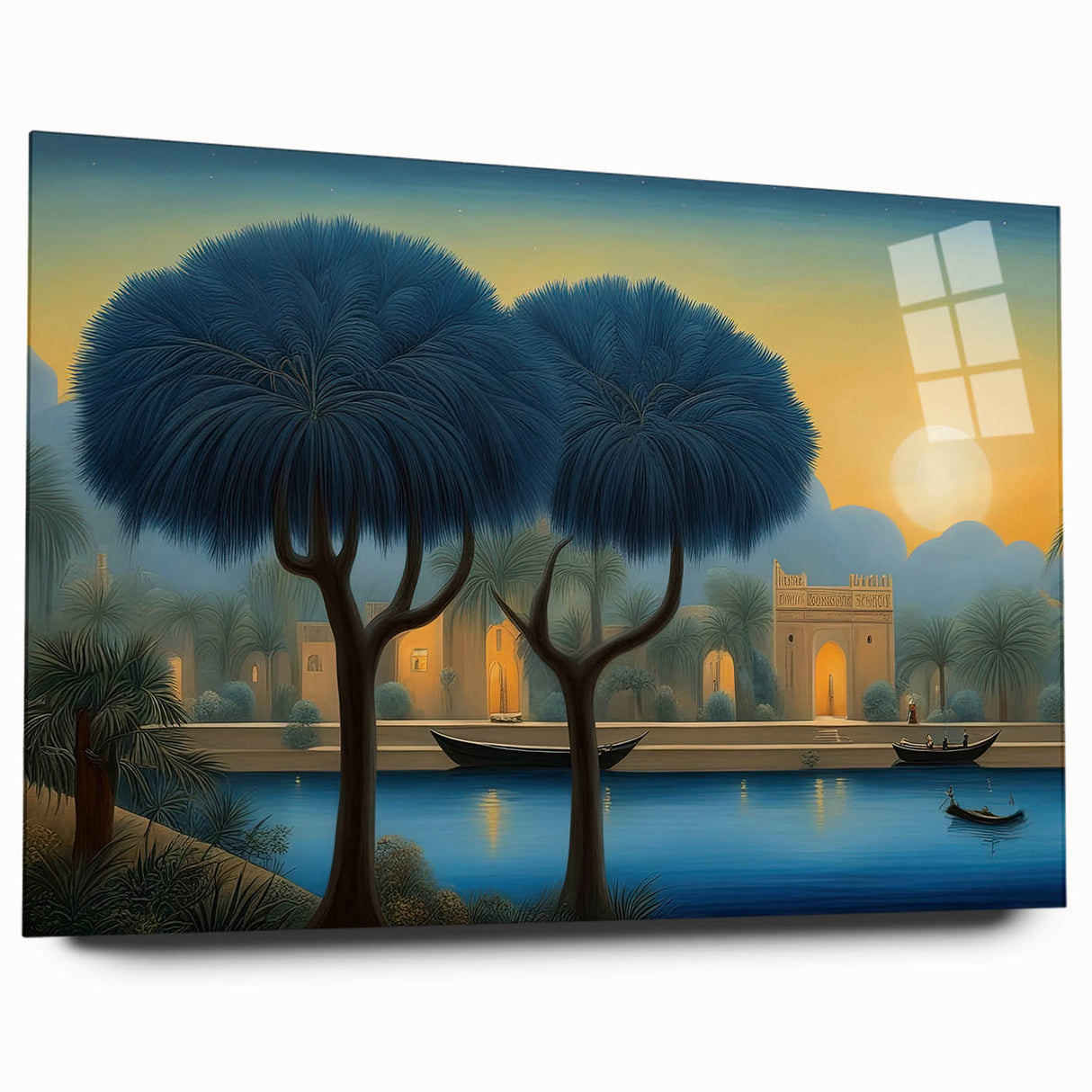 Large abstract wall art depicting a Middle Eastern scenery in muted earth tones on acrylic glass.