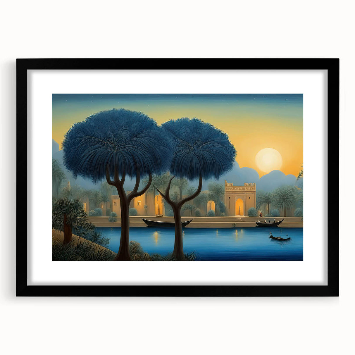Colorful abstract art print of a textured Middle Eastern scenery on a large canvas, framed in black.