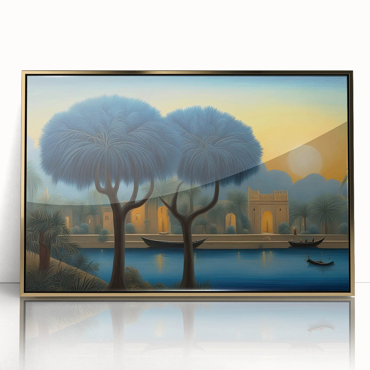 Mid-century modernist style large art print of an Iraqi landscape in muted gold tones on framed acrylic.