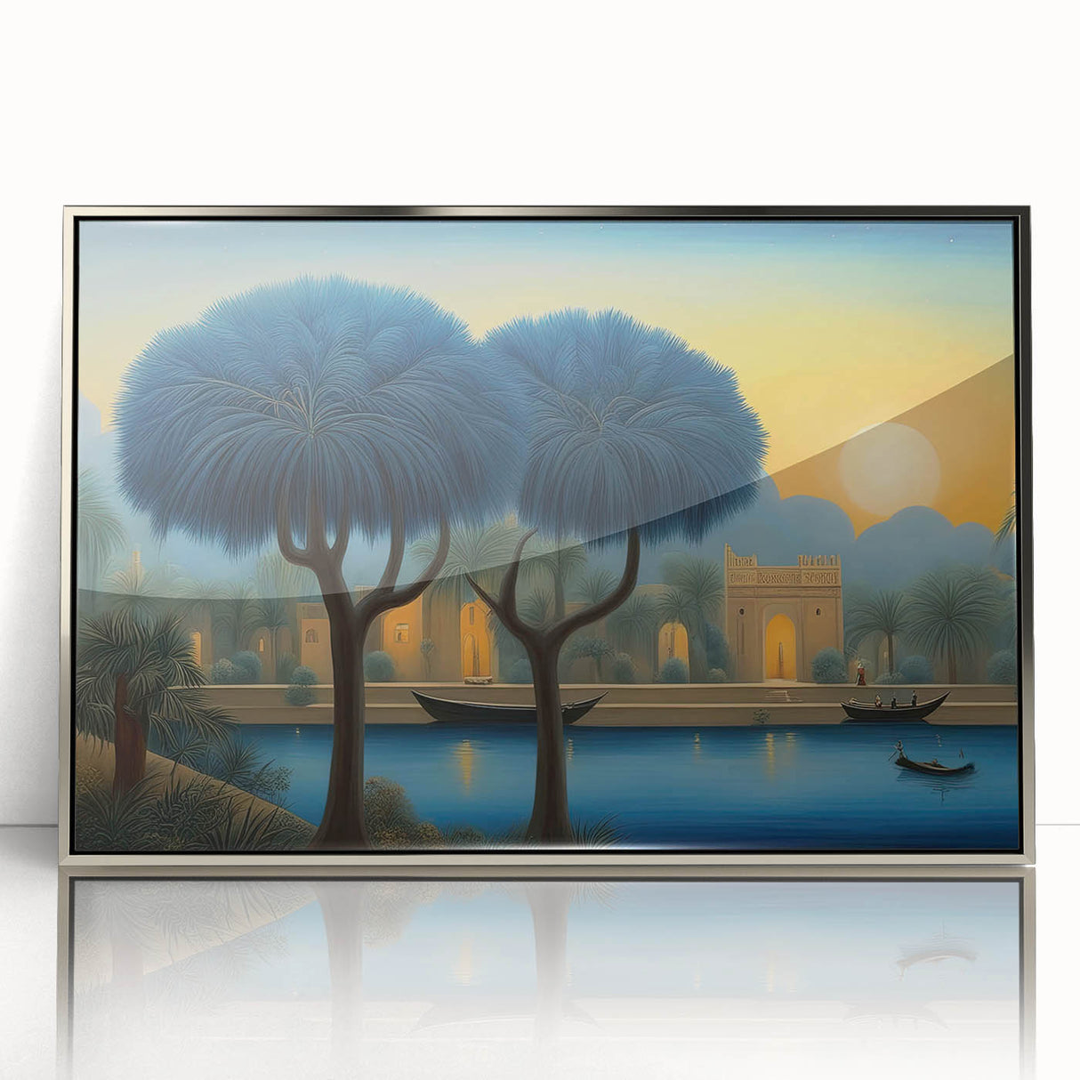 Mid-century modernist art depicting a Middle Eastern Iraqi landscape in muted earth tones on a framed acrylic print.