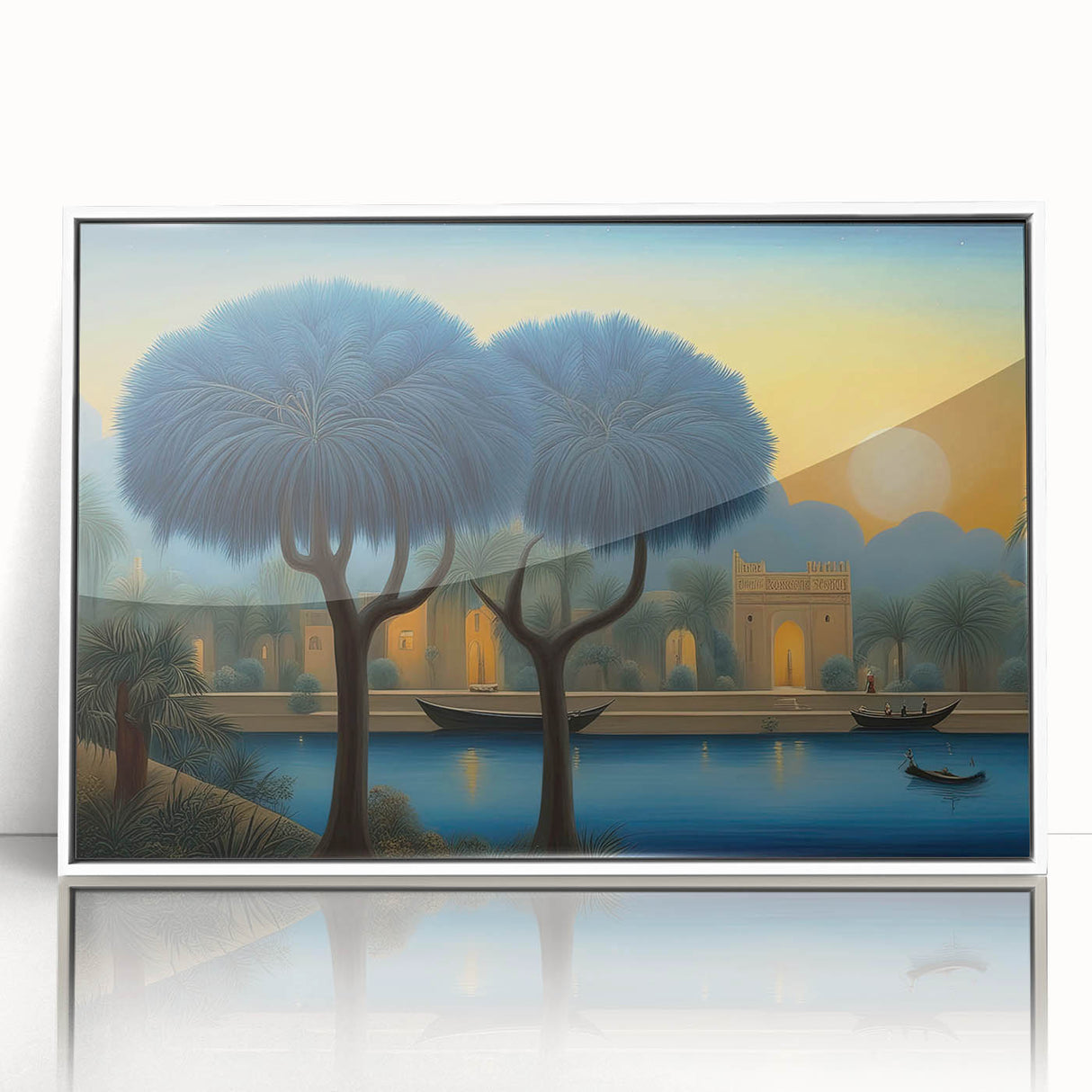 Acrylic print of a Middle Eastern desert landscape in muted earth tones, styled in art deco.