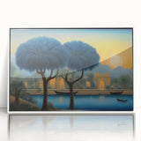 Acrylic print of a Middle Eastern desert landscape in muted earth tones, styled in art deco.