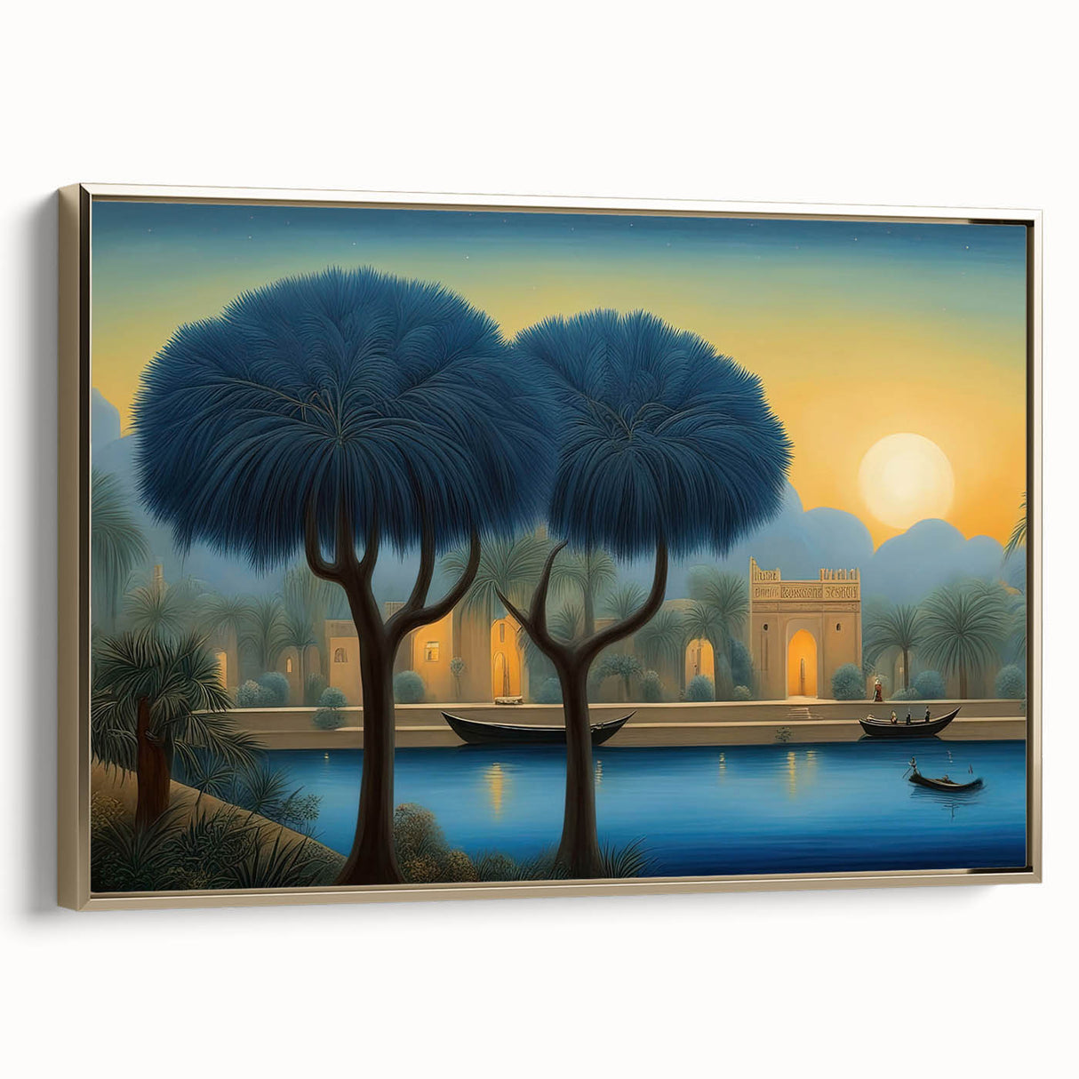 Vintage poster art depicting a Middle Eastern landscape on a framed canvas, featuring muted gold and black tones.