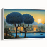 Vintage poster art of a Middle Eastern scenery on large framed canvas, blending black with vibrant colors.