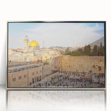 Framed acrylic print of Jerusalem scenery in mid-century modernist style with muted earth tones, ideal for nursery wall art.