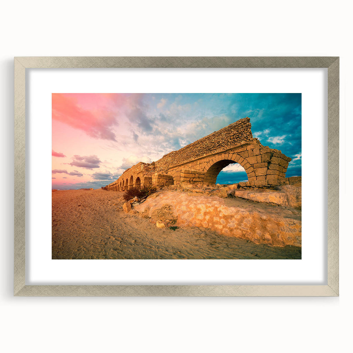 Textured art depicting an abstract Middle Eastern scenery in muted earth tones on a framed canvas, ideal for bedroom decor.