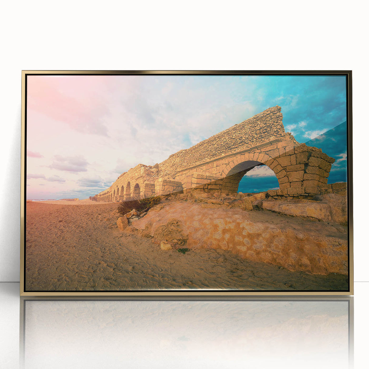 Mid-century modernist acrylic print of a Middle Eastern scenery in gold tones, framed, suitable for modern art wall decor.