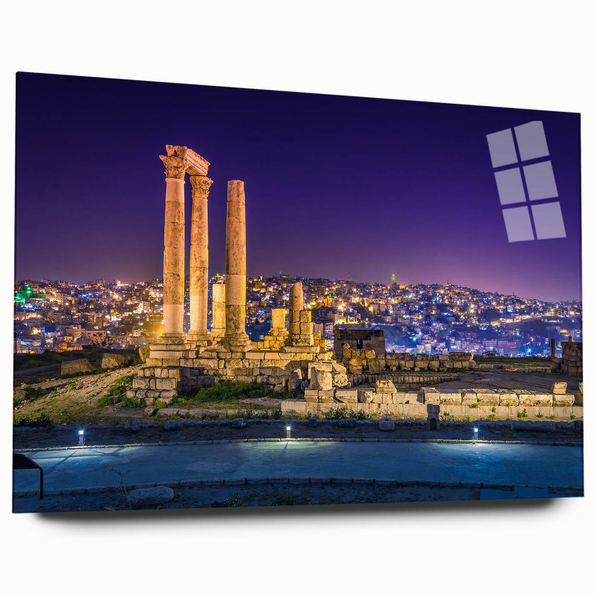Large abstract wall art of a Jordanian landscape in muted earth tones on acrylic glass.