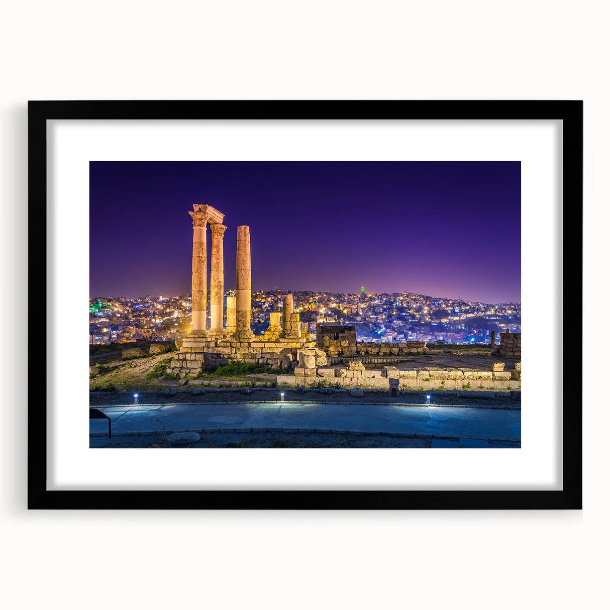 Extra large abstract art print of a colorful Middle Eastern scenery on a textured canvas, framed in black.