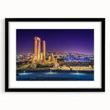 Extra large abstract art print of a colorful Middle Eastern scenery on a textured canvas, framed in black.