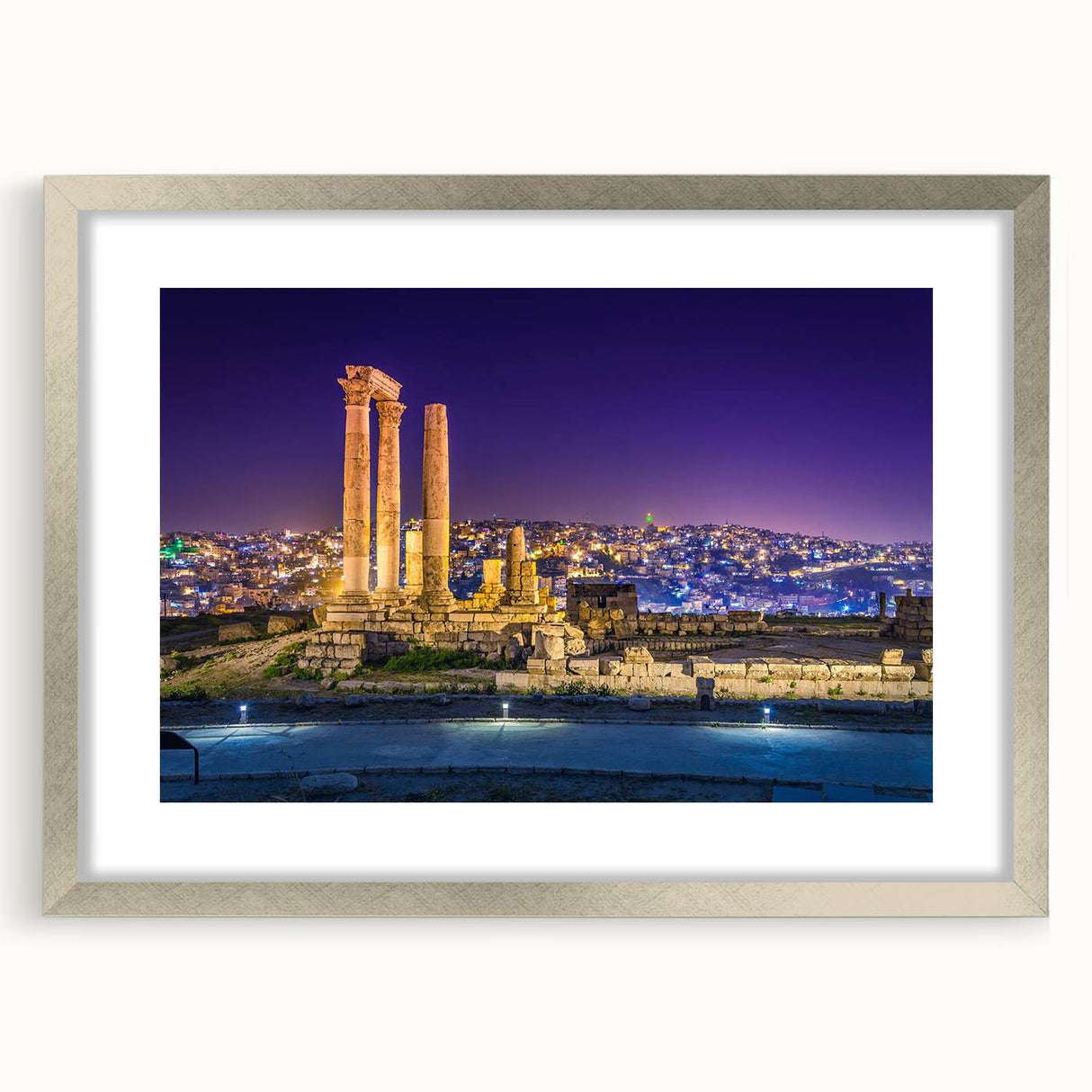 Textured abstract art print of a Middle Eastern Jordan scenery, in muted earth tones, framed with a silver mat.