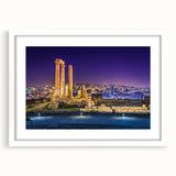 Abstract art print of a Middle Eastern landscape in muted earth tones on a framed white mat, suitable for dining room decor.