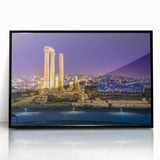 Large abstract wall art depicting Jordanian scenery, in muted earth tones on a black framed acrylic.
