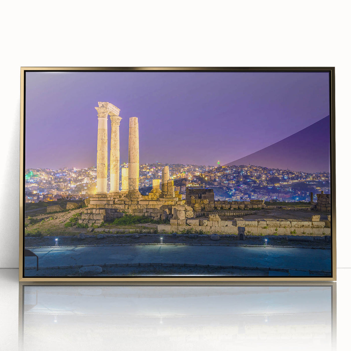 Mid-century modernist art of Jordan scenery in gold tones on a framed acrylic, ideal for modern art wall decor.