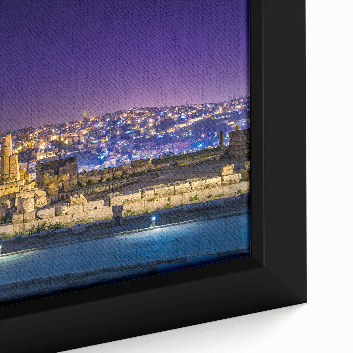 Extra large framed canvas featuring a textured, colorful Middle Eastern Jordanian scenery in black.