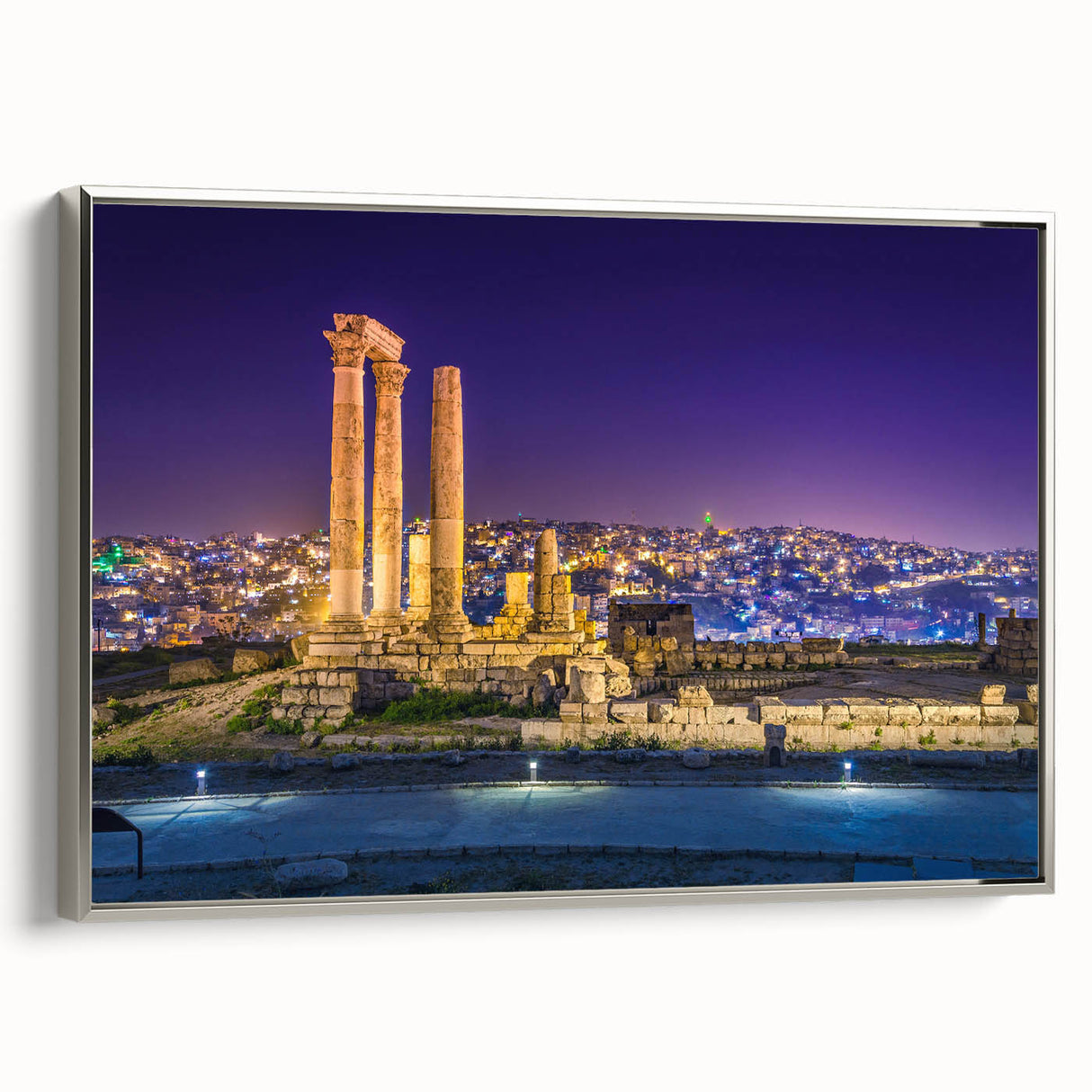 Framed canvas landscape art painting depicting a Jordanian scenery in vibrant colors with a vintage poster style.