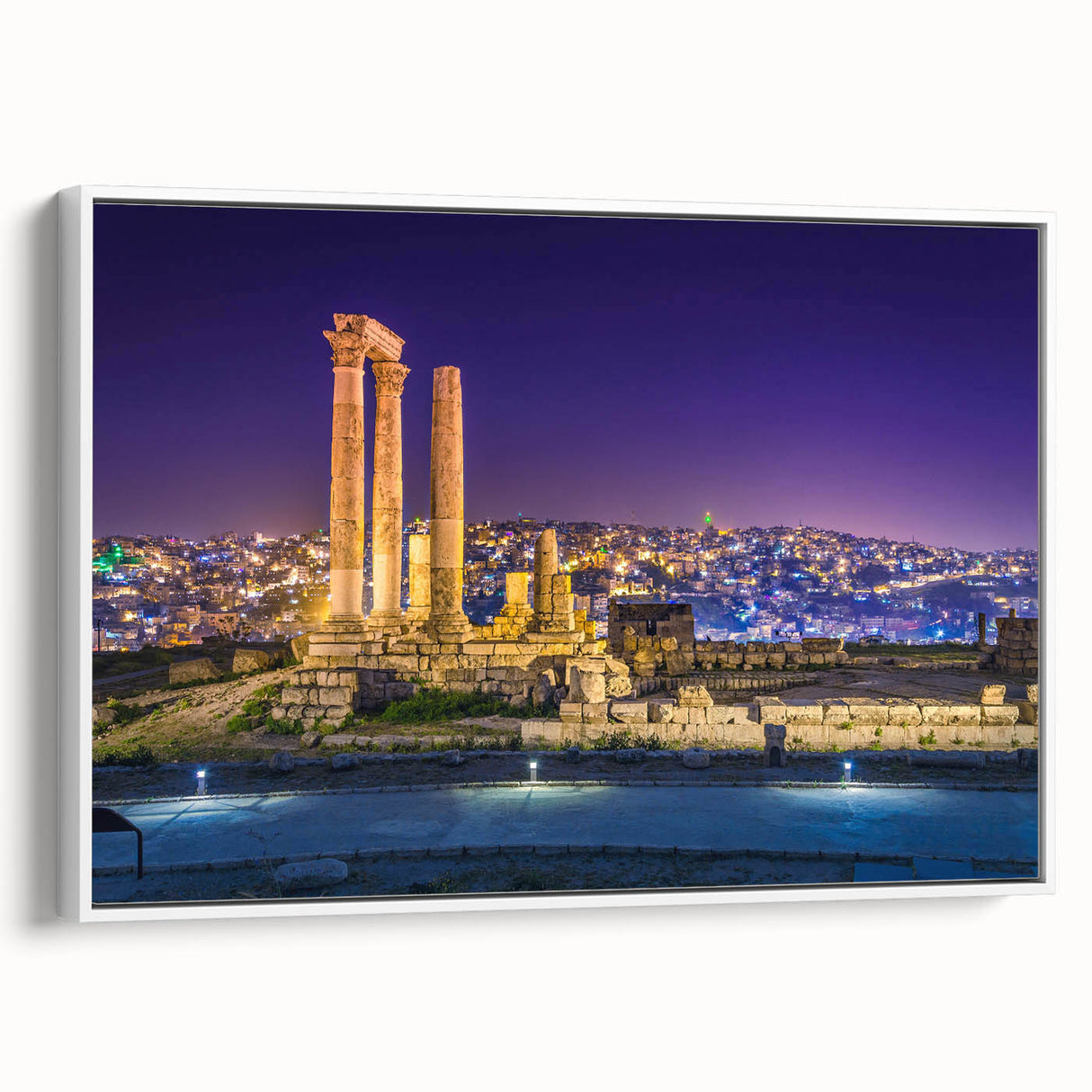 Vintage poster art of a Middle Eastern Jordanian landscape on a large framed canvas, featuring colorful art in pastel shades.