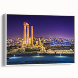 Vintage poster art of a Middle Eastern Jordanian landscape on a large framed canvas, featuring colorful art in pastel shades.