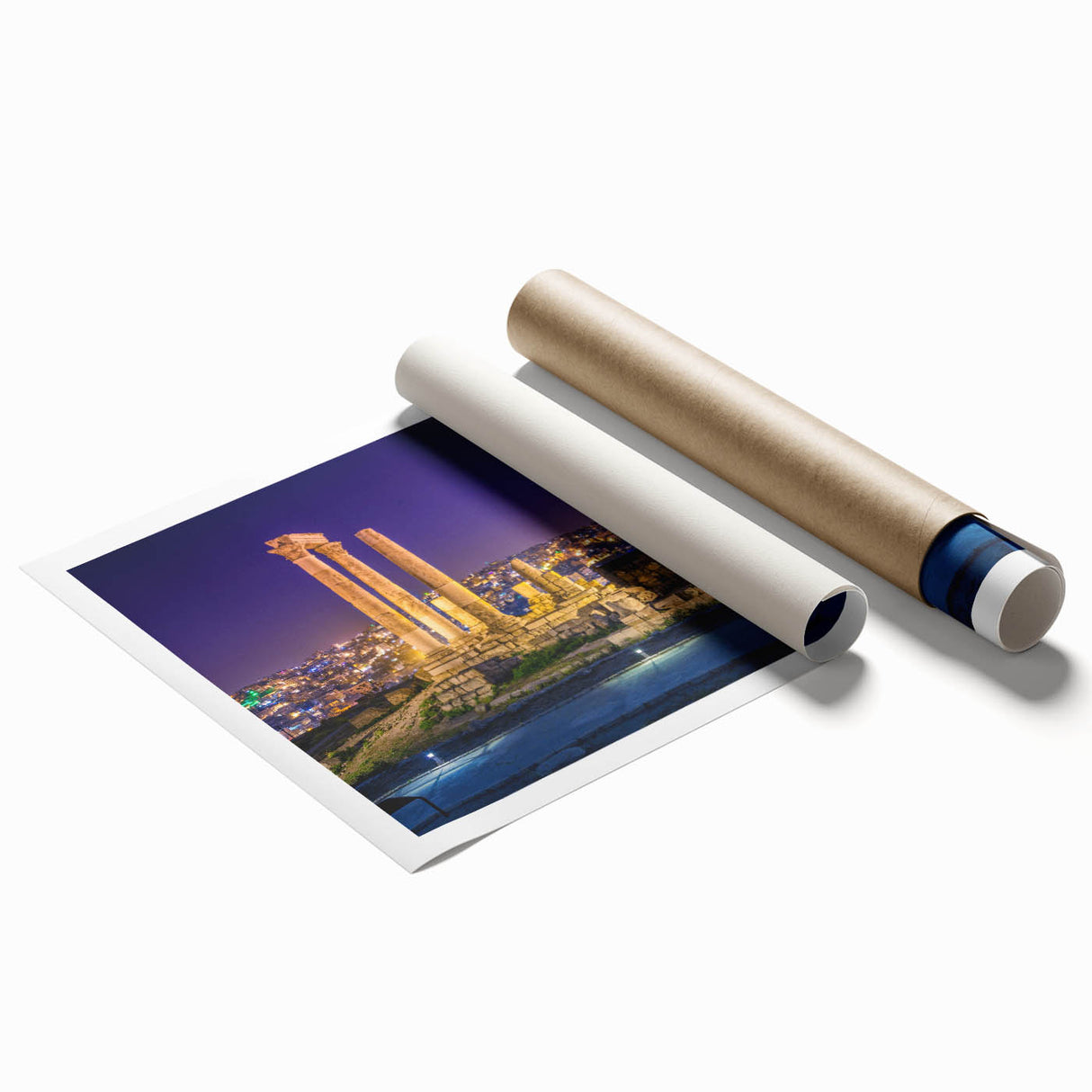 Extra large rolled print depicting a serene Jordanian landscape in muted earth tones, ideal for classy bathroom wall art.