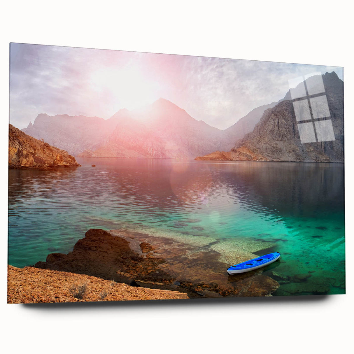 Acrylic print of a large abstract wall art depicting Middle-Eastern scenery, in muted earth tones.