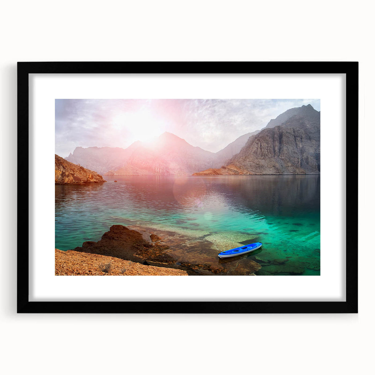 Extra large, textured abstract art print of colorful Middle Eastern scenery on a black framed canvas.