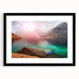 Extra large, textured abstract art print of colorful Middle Eastern scenery on a black framed canvas.