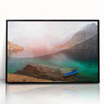 Large abstract wall art depicting a Middle Eastern desert scene in muted earth tones, framed in black acrylic.