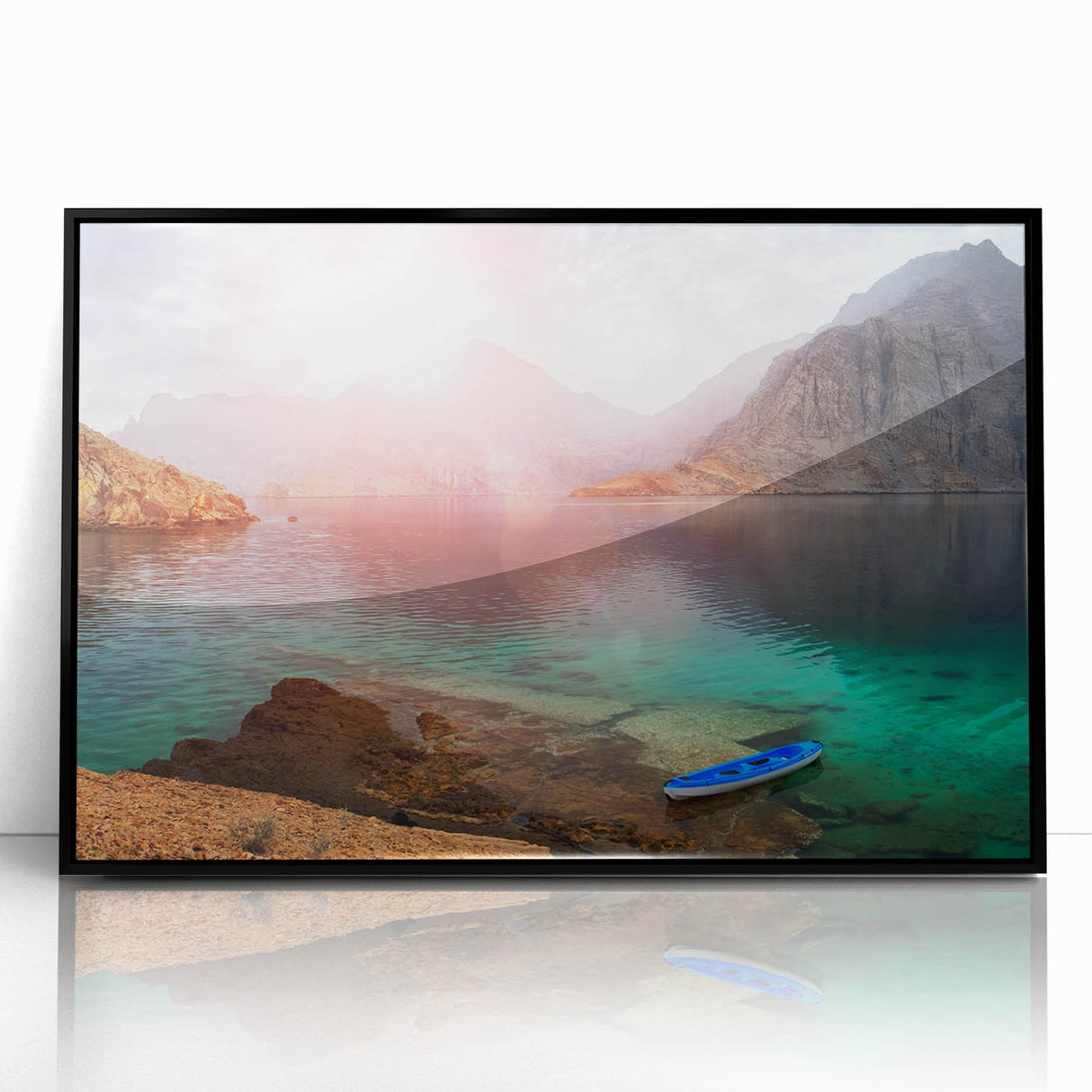 Large abstract wall art depicting a Middle Eastern desert scene in muted earth tones, framed in black acrylic.