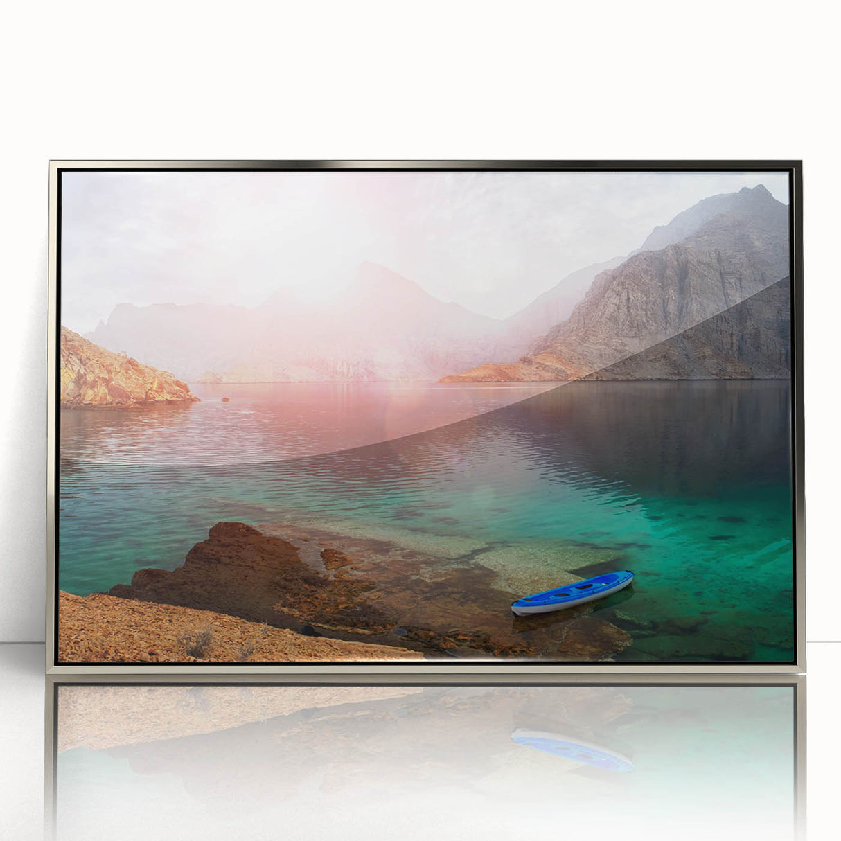Mid-century modernist art depicting a serene Middle Eastern landscape in muted earth tones, framed in acrylic.