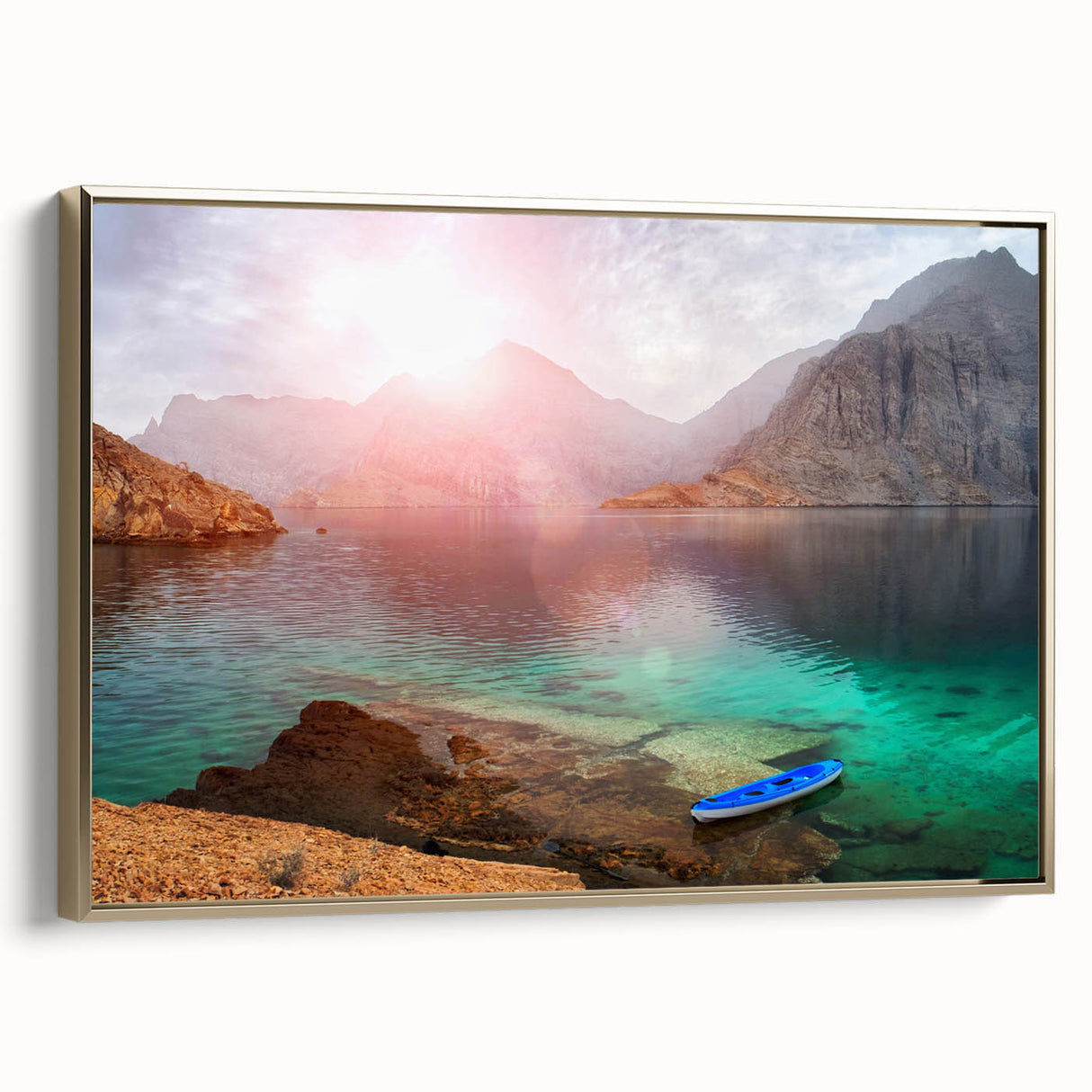 Framed canvas featuring a vintage-style landscape painting of the Middle Eastern desert in gold and black tones.