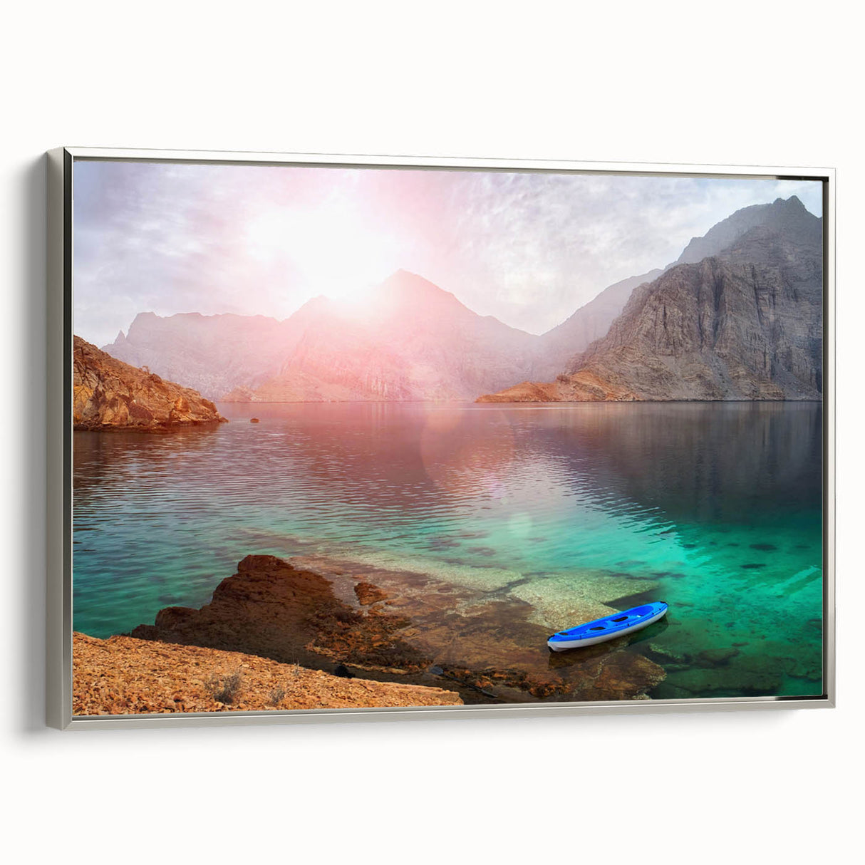 Framed canvas depicting a vintage-style landscape of Oman with colorful art on a black background.