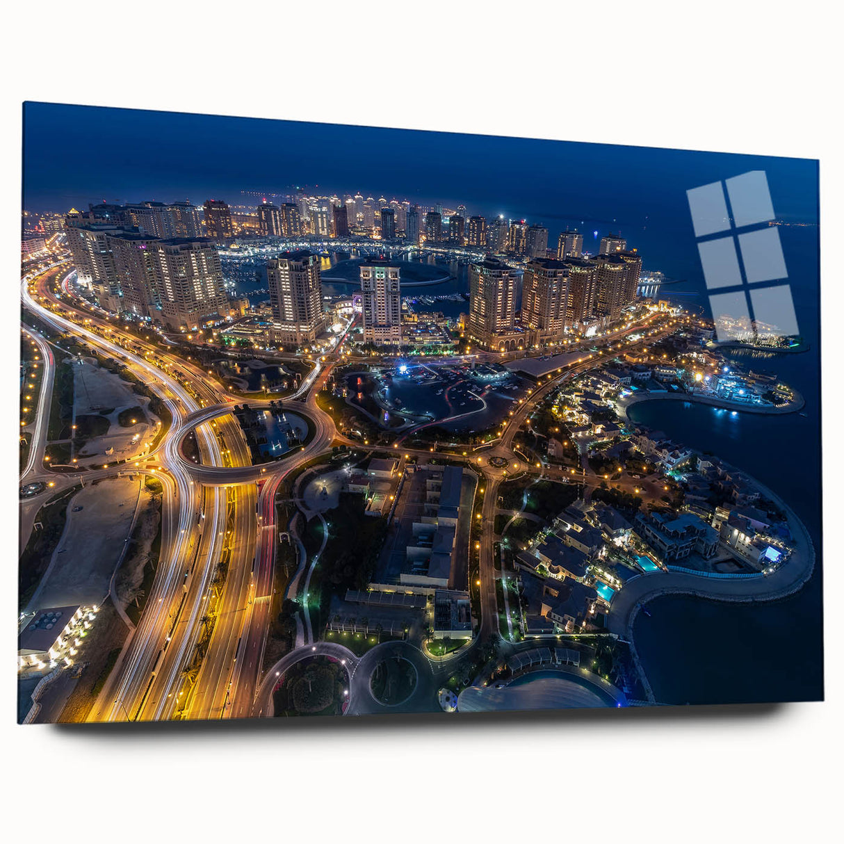 Large abstract wall art of Qatar scenery in muted earth tones on acrylic glass, suitable for bedroom or dining room decor.