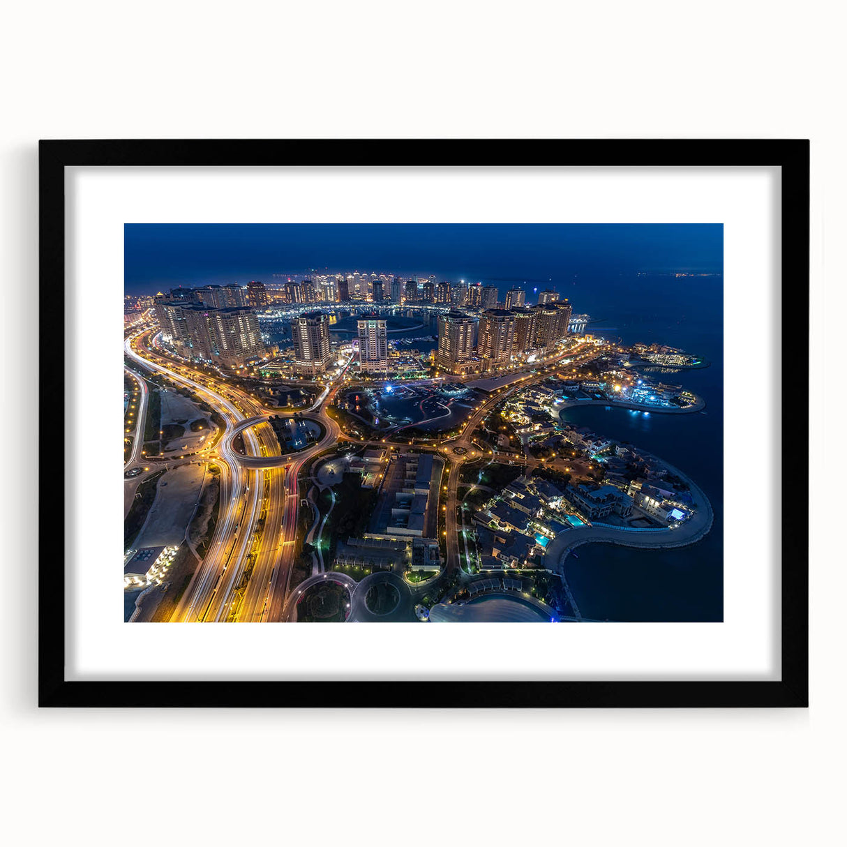 Abstract art print depicting a colorful Qatar scenery in textured style, framed with black mat, ideal for living room decor.
