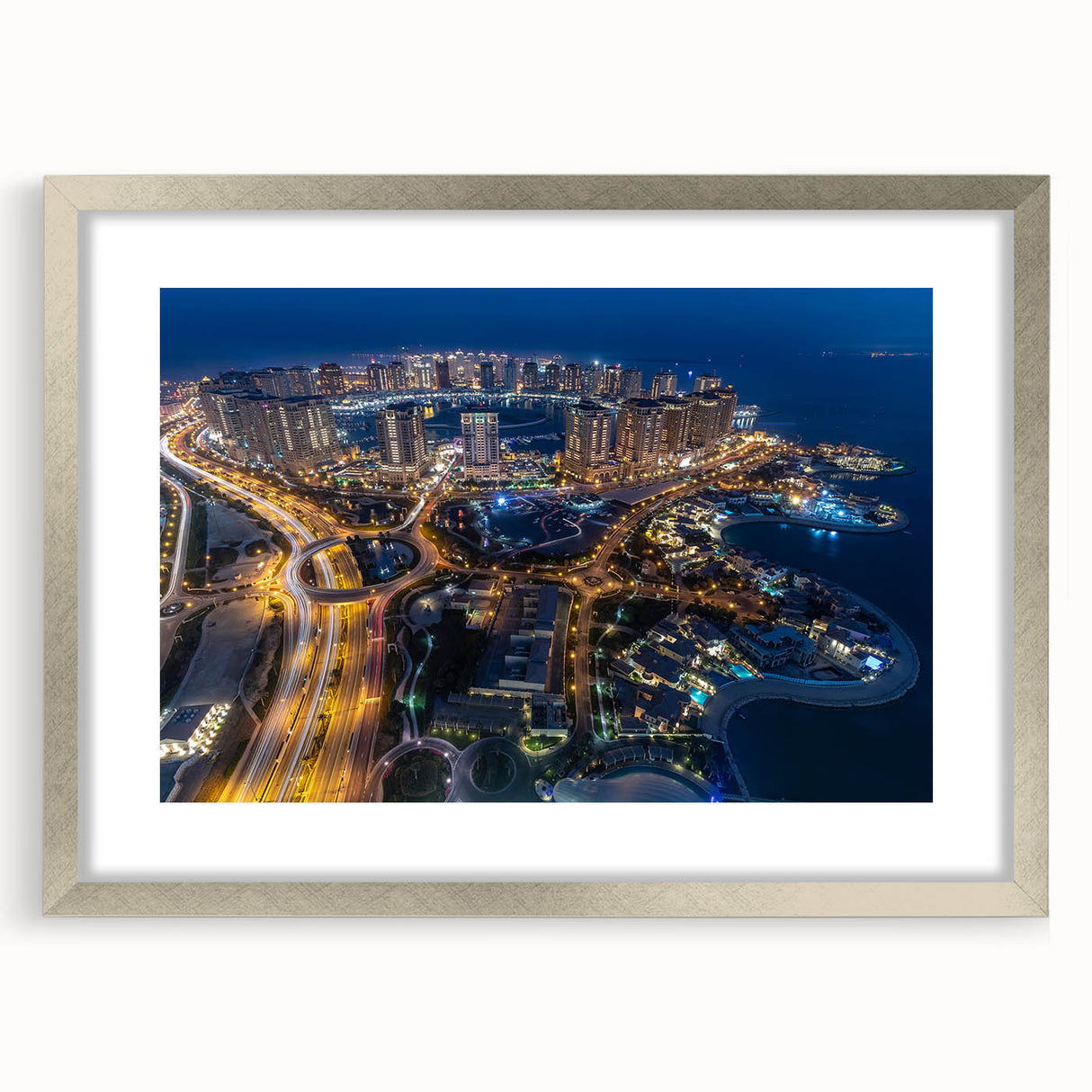 Textured abstract art print depicting a Middle Eastern Qatar scenery in muted earth tones, framed with a silver mat.