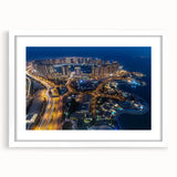 Abstract art print featuring a Qatar cityscape in muted gray and blue tones on a framed white mat.