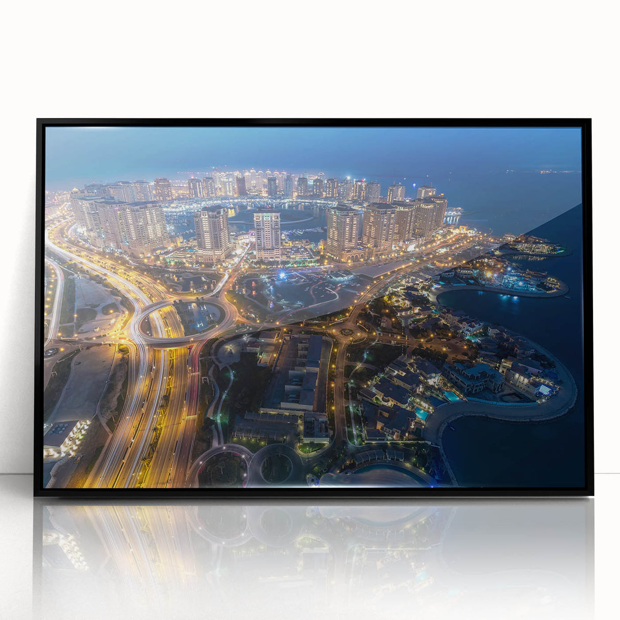 Large abstract wall art depicting a Qatar scenery in muted earth tones, framed in black acrylic.