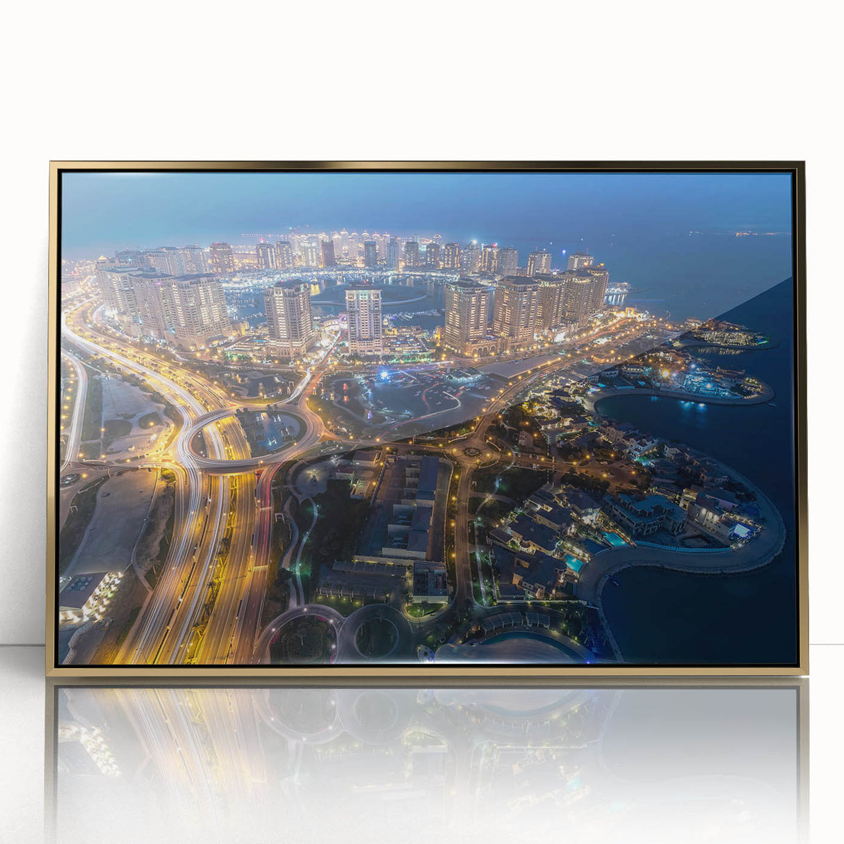 Acrylic print of a mid-century modernist Qatar scenery in gold tones, ideal for modern art wall decor.