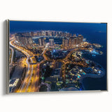 Framed canvas depicting a Qatar landscape with silver accents, featuring a black and colorful palette.