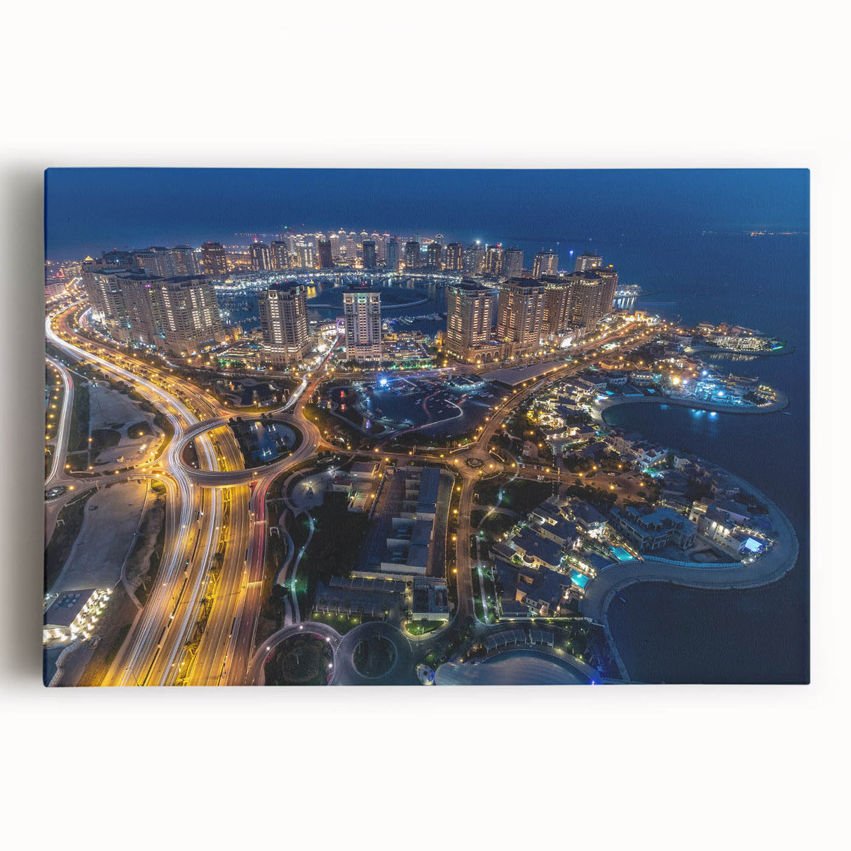 Black and white stretched canvas of Qatar skyline, ideal for kitchen wall art.
